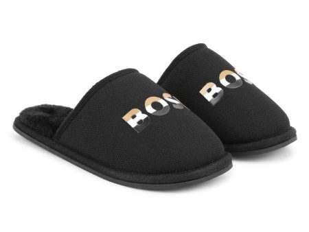 Boys Black Logo Slippers For Sale