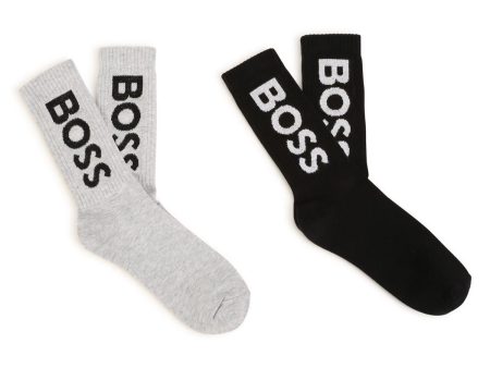 Boys Black Logo Cotton Socks(2 Pack) For Sale