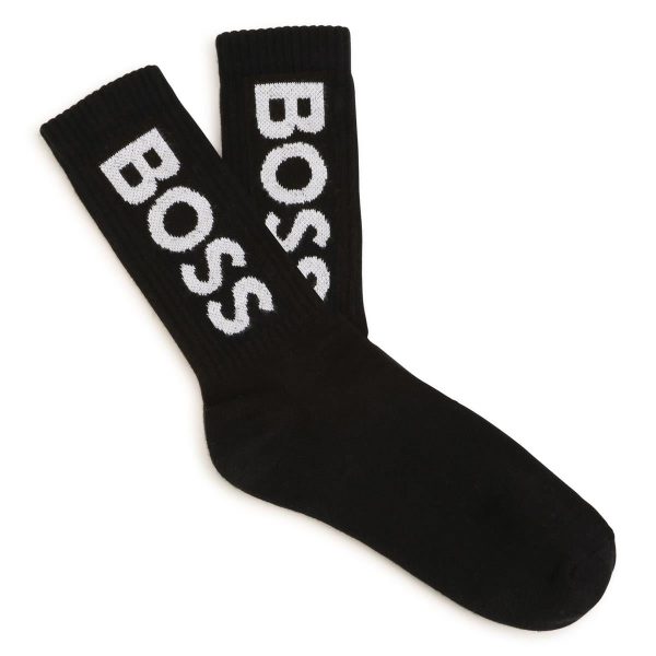 Boys Black Logo Cotton Socks(2 Pack) For Sale