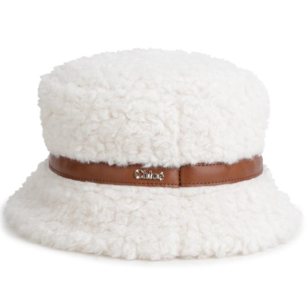 Girls White Sherpa Fleece Bucket Hat For Discount