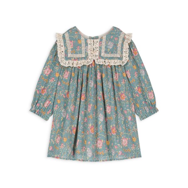 Girls Green Flowers Cotton Dress Hot on Sale